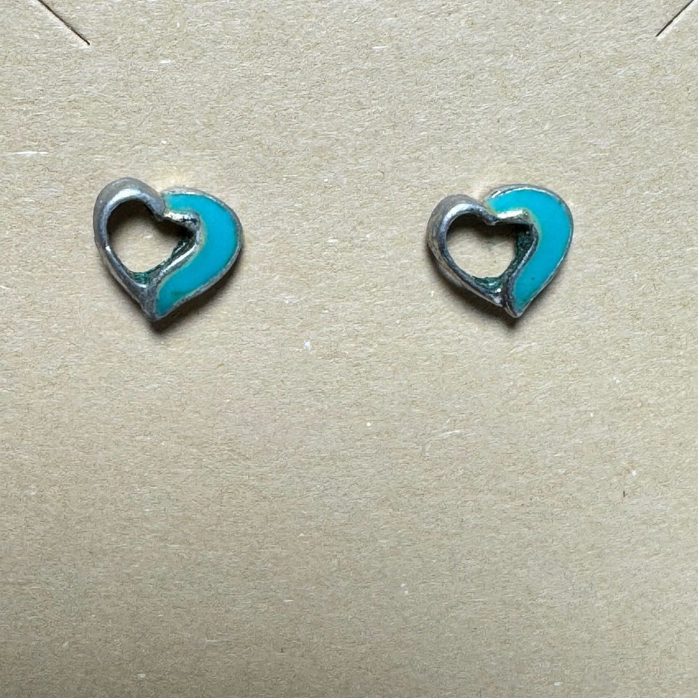 Vintage Sterling Silver Turquoise Enamel Heart Stud Earrings Open Heart Dainty